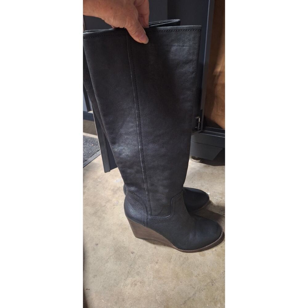 Lucky Brand Fabulous Women's Tall Knee High Boots Black Stack Wedge Heel 8.5M